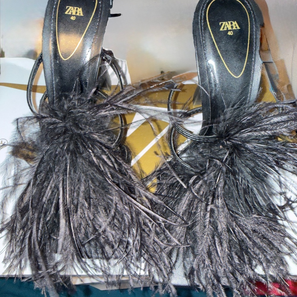 Zara Black Feathered Heels